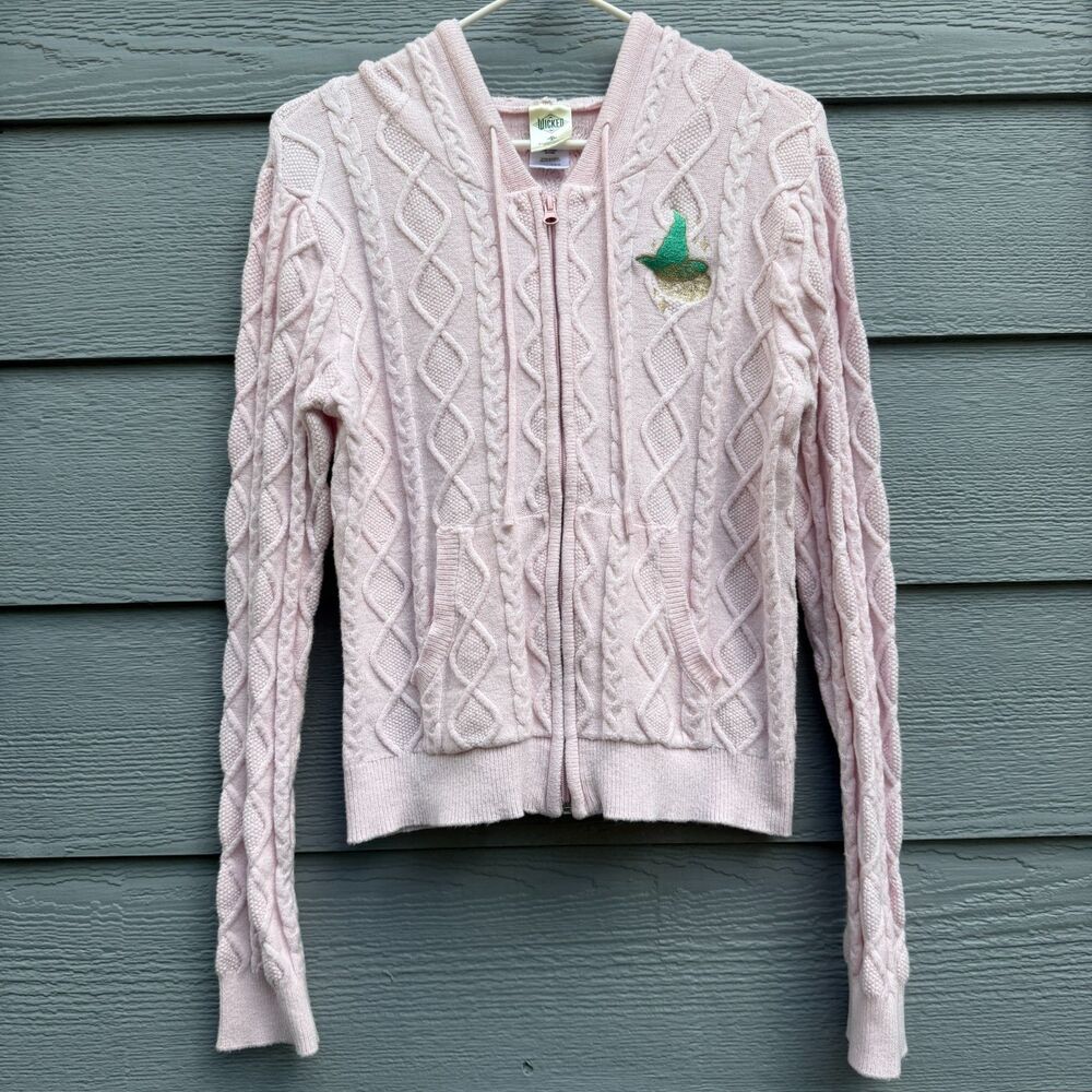 Wicked XXL Sweater Hoodie Womens Pink Cable Knit Graphic Full Zip Elphaba Glinda
